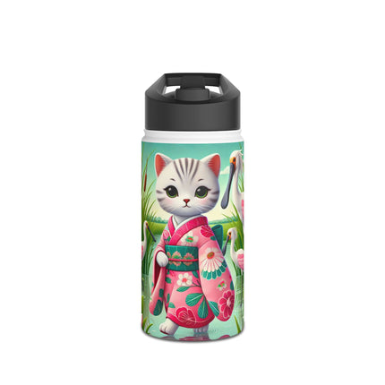Geisha Kitten Strolls Among the Spoonbills Stainless Steel Water Bottle, Standard Lid