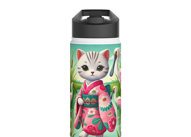 Geisha Kitten Strolls Among the Spoonbills Stainless Steel Water Bottle, Standard Lid