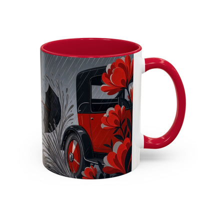 ☔🌹 The Scarlet Rainstorm Promenade Colorful Mug – Art Deco Motoring Elegance