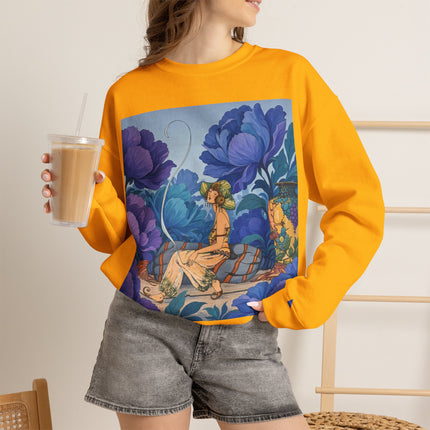 💙🌸 The Lady Among The Blue Blossoms Crewneck Sweatshirt – Art Deco Floral Reverie