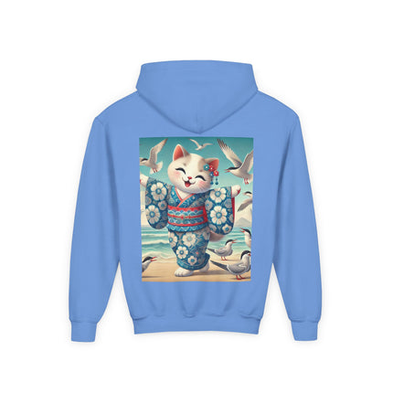 Geisha Kitten by the Seaside Youth Hooded Sweatshirt – Coastal Charm & Playful Style