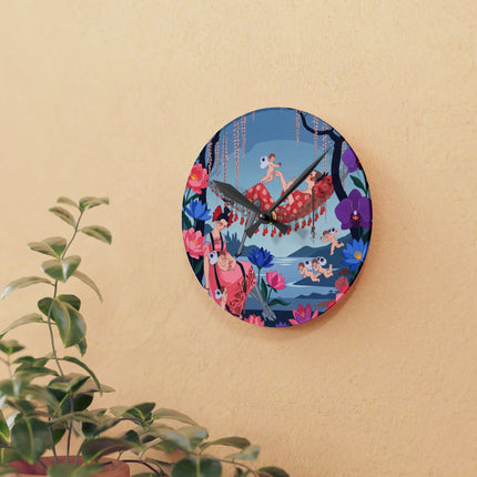 🌸🪽 The Garden Of Little Cupids Acrylic Wall Clock – Art Deco Floral Fantasy