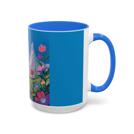 The Lady And The Moonlit Peak Colorful Mugs – Art Deco Alpine Garden Elegance