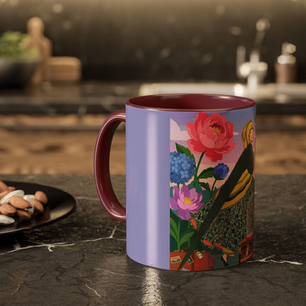 The Lady And The Crimson Birdcage Colorful Mugs – Art Deco Tropical Garden Elegance