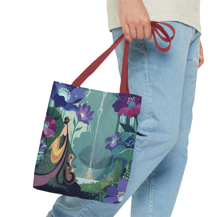 💧🌺 The Lady Of The Enchanted Fountain Tote Bag – Art Deco Garden Fantasy