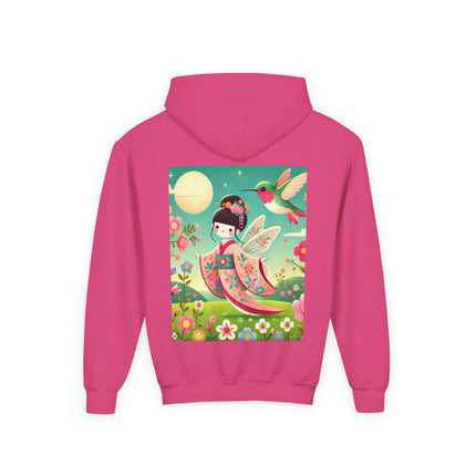 Geisha Fairy and the Hummingbird Blossom Youth Hooded Sweatshirt – Cozy Magic in Bloom
