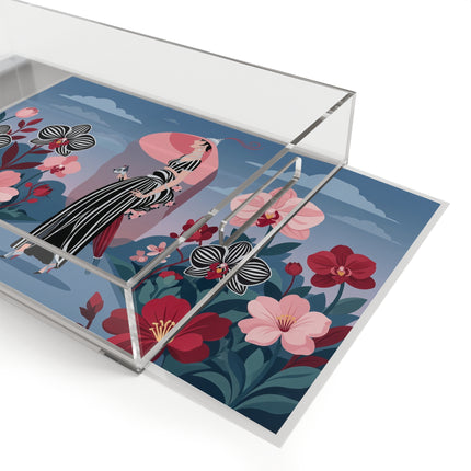 🌸🖤 The Striped Orchid Promenade Acrylic Serving Tray – Art Deco Floral Fashion
