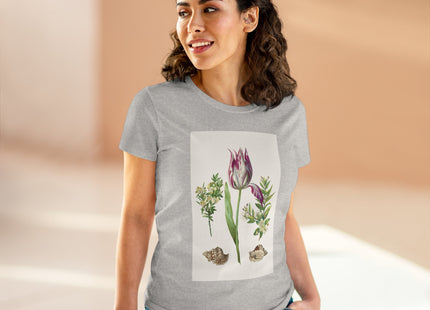 Tulip flower with Two Branches of Myrtle and Shells Cotton Tee