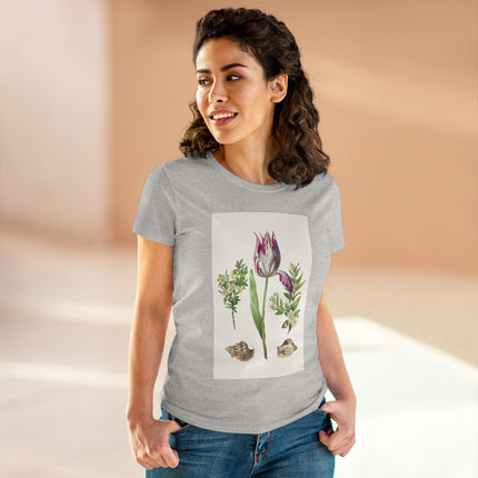 Tulip flower with Two Branches of Myrtle and Shells Cotton Tee