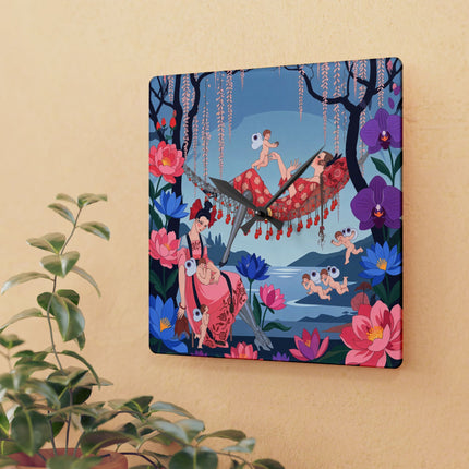 🌸🪽 The Garden Of Little Cupids Acrylic Wall Clock – Art Deco Floral Fantasy