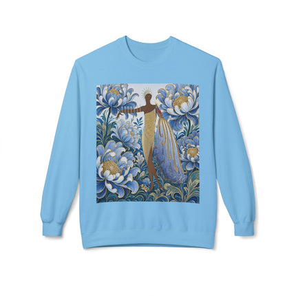 💙✨ The Lady Of The Gilded Blue Blossom Garden Midweight Crewneck Sweatshirt – Art Deco Floral Elegance