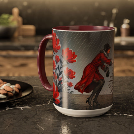 ☔🌹 The Scarlet Rainstorm Promenade Colorful Mug – Art Deco Motoring Elegance
