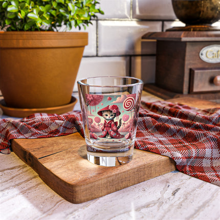 Whimsical Geisha Kitten in a Valentine Garden Shot Glass, 1.5oz