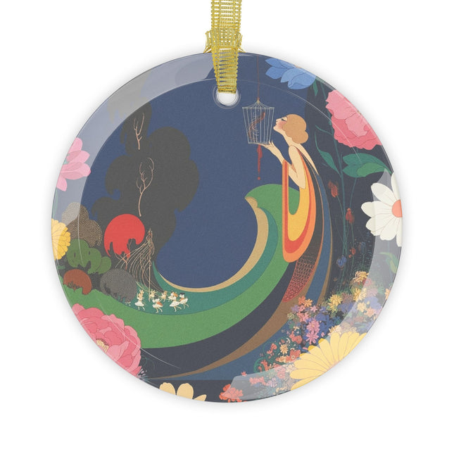 🌙🌸 The Lady And The Crimson Moonbird Glass Ornament – Art Deco Whimsical Garden Elegance