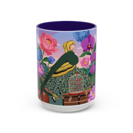 The Lady And The Crimson Birdcage Colorful Mugs – Art Deco Tropical Garden Elegance