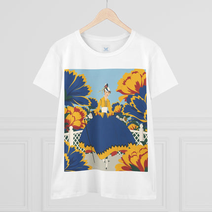💙🌼 The Golden Petal Promenade Cotton Tee – Art Deco Floral Elegance