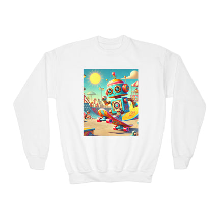 Skate Park Robot Youth Crewneck Sweatshirt – Energy, Motion & Retro-Futuristic Fun