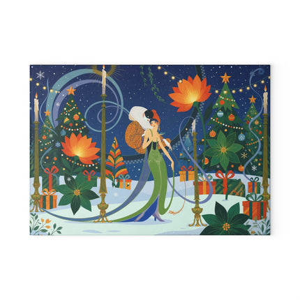 🪷🎄 The Lady Of The Christmas Lotus Garden Glass Cutting Board – Art Deco Holiday Fantasy