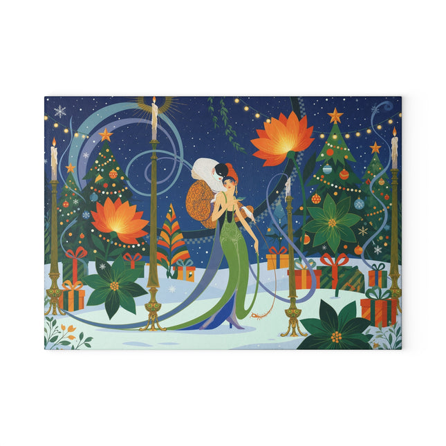 🪷🎄 The Lady Of The Christmas Lotus Garden Glass Cutting Board – Art Deco Holiday Fantasy