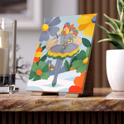 🌼❄️ The Winter Flower Wanderer Ceramic Tile – Art Deco Floral Fantasy
