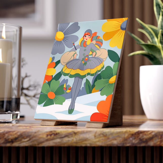 🌼❄️ The Winter Flower Wanderer Ceramic Tile – Art Deco Floral Fantasy