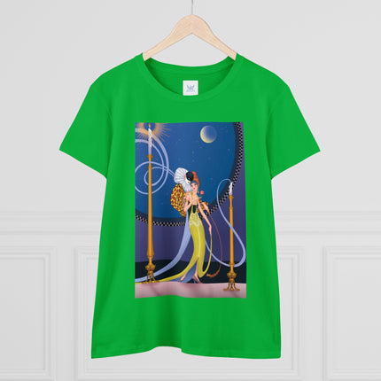 Smoke and Secrets: A Glamorous Encounter in Prohibition Era Women's Midweight Cotton Tee