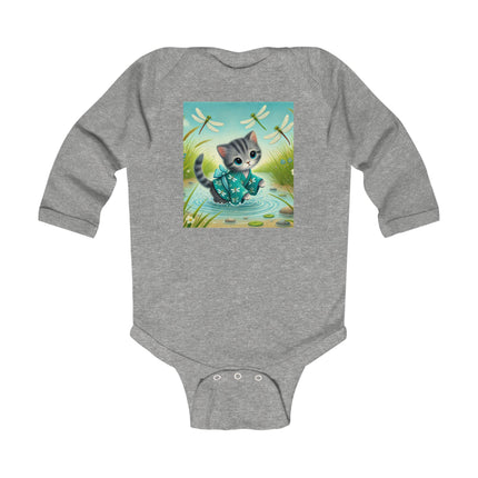 Kitten by the Still Waters Baby Long Sleeve Bodysuit – Serene Pond & Dragonfly Design
