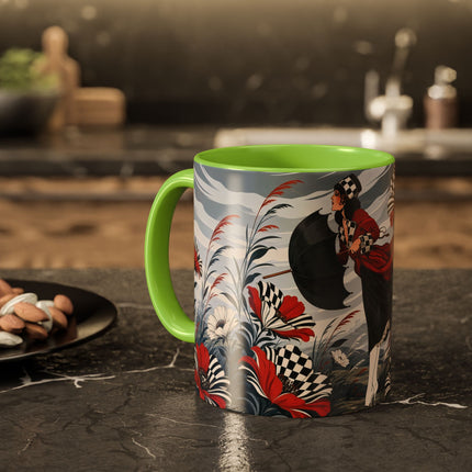☔🌹 The Scarlet Checkerboard Rainstorm Colorful Mug – Art Deco Floral Elegance