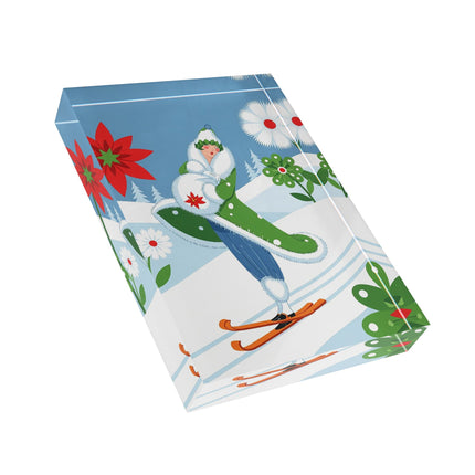 🎿❄️ The Winter Garden Skier Acrylic Art Block – Whimsical Holiday Fantasy