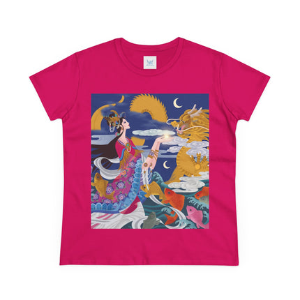 Dragon Pearl Offering Women's Midweight Cotton Tee – Mystical Fantasy & Golden Grace