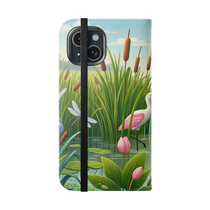 🦩🌸 Geisha Kitten Strolls Among the Spoonbills Flip Case – Serene Grace & Marshland Wonder