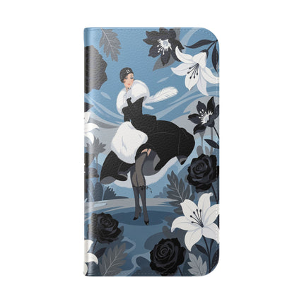 🖤🤍 The Lady Of The Black Rose Garden Flip Case – Art Deco Floral Elegance