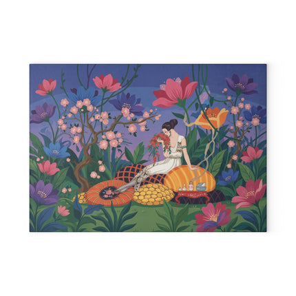 🌺🌙 The Lady Of The Midnight Blossom Garden Glass Cutting Board – Art Deco Floral Elegance