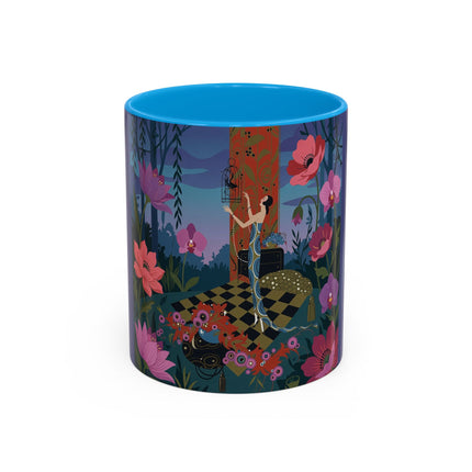 The Lady And The Midnight Birdcage Colorful Mugs – Art Deco Botanical Elegance