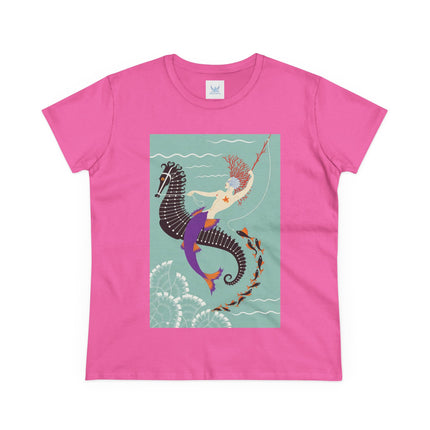 Mermaid on Seahorse Women's Midweight Cotton Tee – Dreamy Ocean Fantasy