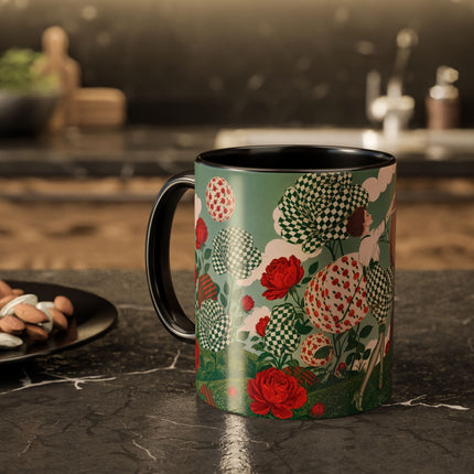 🌹💚 The Scarlet Rose Checkerboard Garden Colorful Mug – Art Deco Floral Whimsy