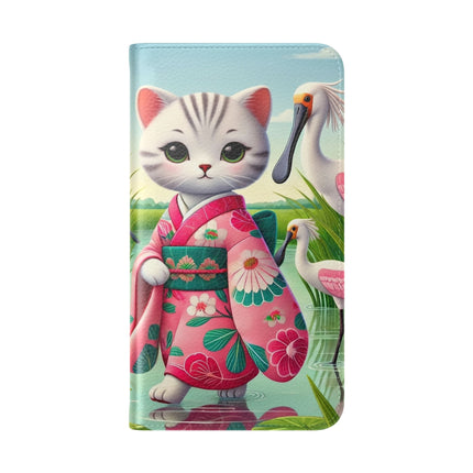 🦩🌸 Geisha Kitten Strolls Among the Spoonbills Flip Case – Serene Grace & Marshland Wonder