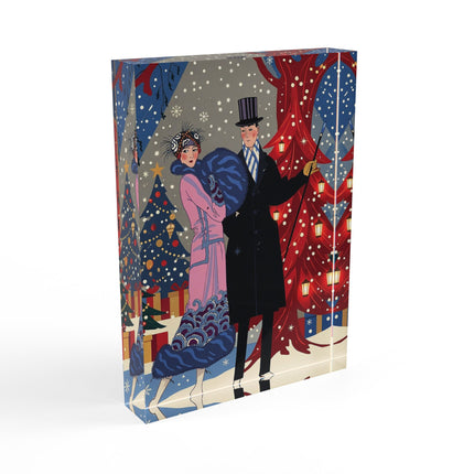 🎩🎄 Christmas Eve Promenade Acrylic Art Block – Art Deco Holiday Elegance