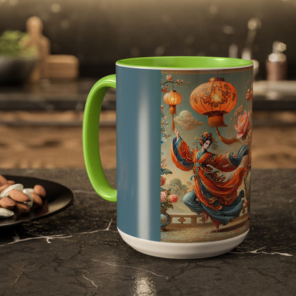 Golden Dragon & Lantern Lady Colorful Mug – Imperial Dragon & Elegant Harmony