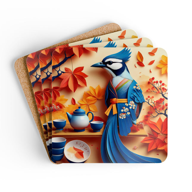 Blue Jay at an Autumn Tea Ceremony Corkwood Coaster Set