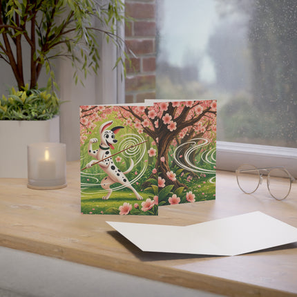 🌸🐕 The Cherry Blossom Staff Dancer Greeting Card – Whimsical Garden Adventure