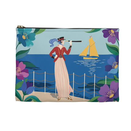 🌊🔭 The Lady Of The Seaside Lookout Accessory Pouch – Art Deco Nautical Adventure