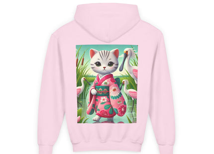 Geisha Kitten Strolls Among the Spoonbills Youth Heavy Blend Hooded Sweatshirt