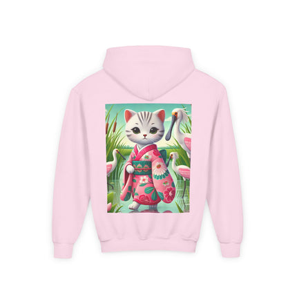 Geisha Kitten Strolls Among the Spoonbills Youth Hooded Sweatshirt – Graceful Nature & Whimsical Charm
