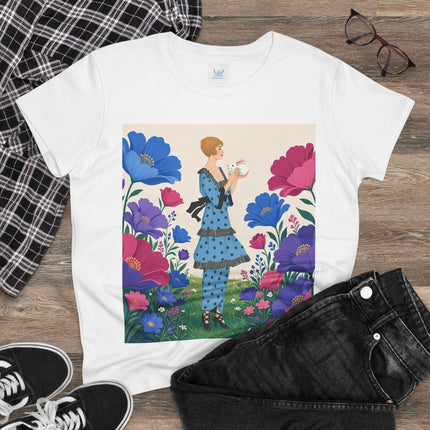 🐇🌺 The Little Rabbit Garden Cotton Tee – Art Deco Floral Whimsy