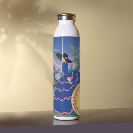 🌸👒 The Enchanted Flower Garden Promenade Slim Water Bottle – Art Deco Floral Elegance