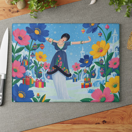 🌸❄️ The Lady Of The Enchanted Winter Garden Glass Cutting Board – Art Deco Holiday Fantasy