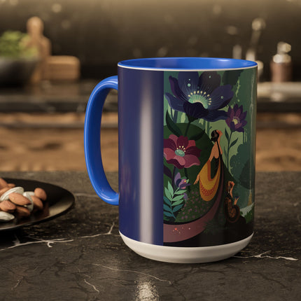 The Lady Of The Moonlit Fountain Colorful Mugs – Art Deco Botanical Serenity