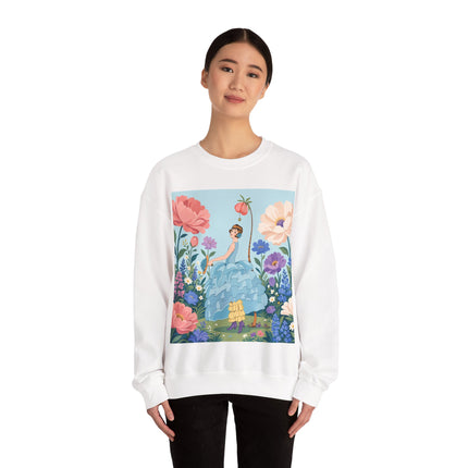 🌸🩵 The Blue Ruffle Garden Crewneck Sweatshirt – Art Deco Floral Whimsy