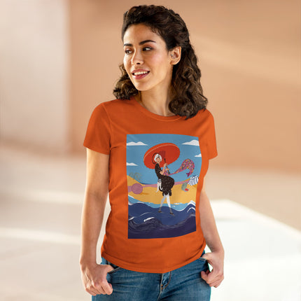 Beachside Promenade Women's Midweight Cotton Tee – Summer Glamour & Coastal Joy